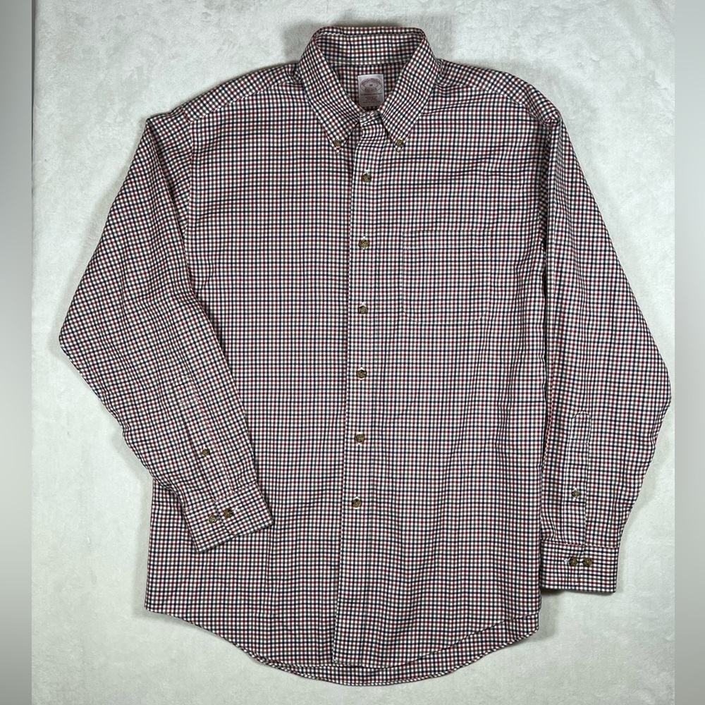 Brooks Brothers Size Medium Non-Iron Red and White Plaid Button Down Shirt